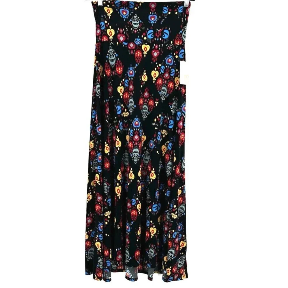 Lularoe Womens XS (4-6) Maxi Skirt Black Slinky Stretch Multicolor Art Print